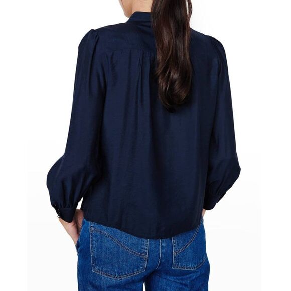 Ba&sh Laure Pintuck Button Front Shirt Puff Sleeve Crochet Trim Blue Women's XS - Picture 3 of 7